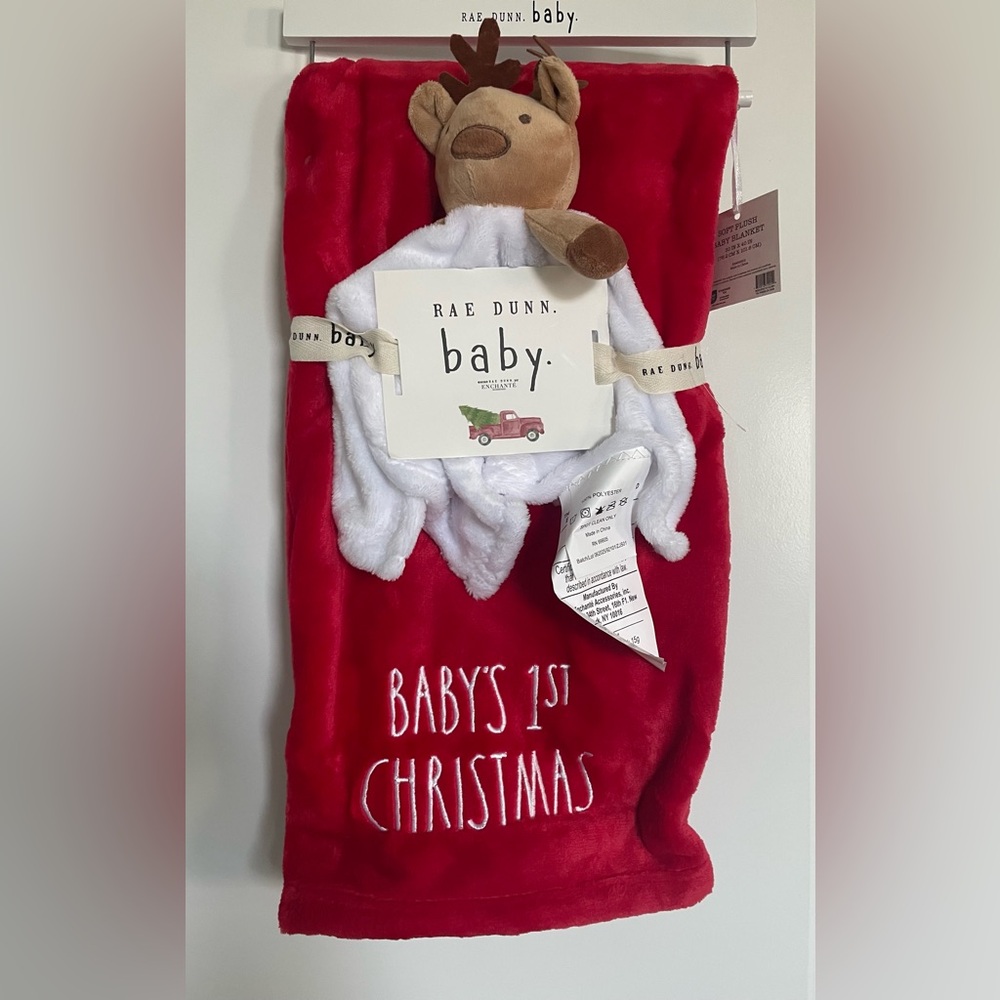 Rae Dunn Baby First Christmas Blanket With Reindeer Plush NEW Great Holiday Gift